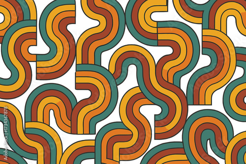 Groovy 70s seamless pattern. Psychedelic retro background with geometric arcs. Vintage 1980s trippy wallpaper design. Abstract wavy lines vector flat illustration concept.
