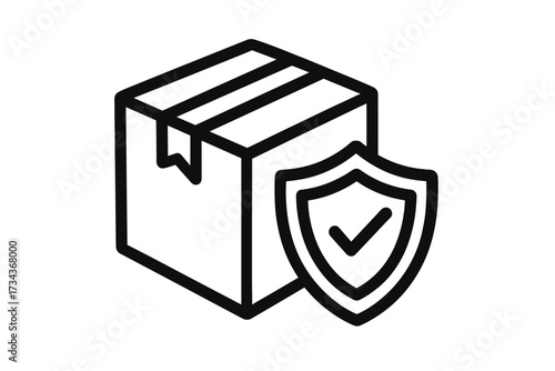 Package insurance icon. Secure delivery and shipping protection. Guaranteed parcel, safe cargo logistics symbol. Box with shield, check mark for product warranty and safety.