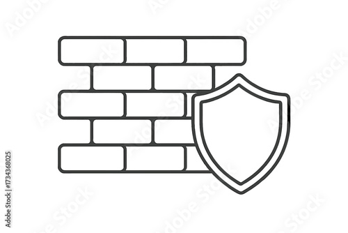 Firewall icon vector thin line. Security and protection symbol. Brick wall with shield. Data defense and privacy concept. Network safety pictogram for web and mobile app design.