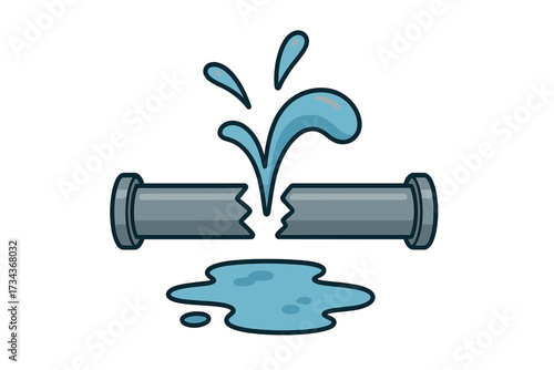 Broken pipe with water leak cartoon icon. Burst pipeline causing water damage and flooding. Plumbing problem, emergency repair concept. Splash, spill, and puddle vector illustration.