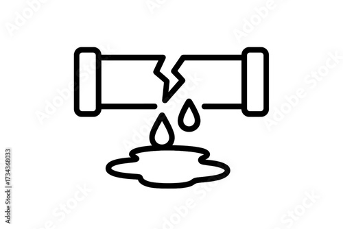 Broken pipe water leak vector icon. Burst pipeline with dripping water and puddle. Plumbing problem, damage, leakage, and accident concept. Emergency repair service outline symbol.