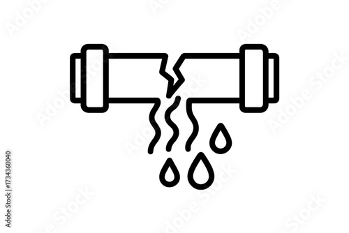 Broken pipe water leak outline icon. Burst pipeline with dripping liquid. Plumbing problem, damage and emergency repair service concept. Vector line illustration symbol.
