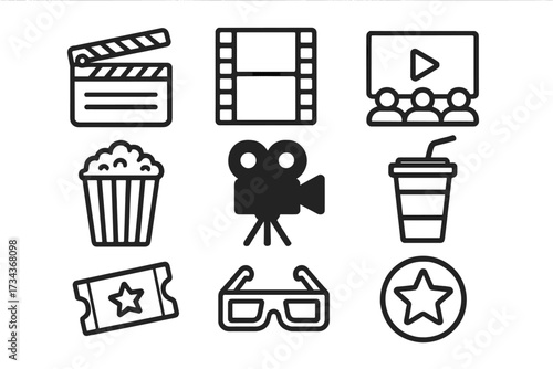 Cinema and movie icons set. Film industry graphic elements. Vector symbols for entertainment. Includes clapperboard, popcorn, ticket, retro camera, 3D glasses, and filmstrip.