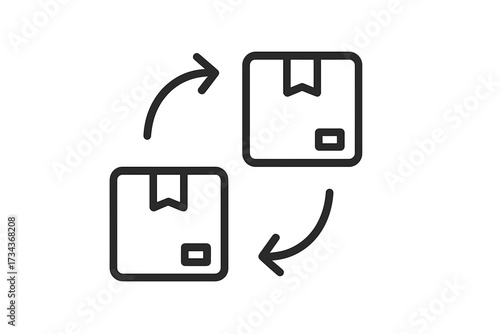 Return and exchange package icon. Logistics, shipping, and delivery process. E-commerce order fulfillment. Parcel replacement, distribution and circulation concept for web design.