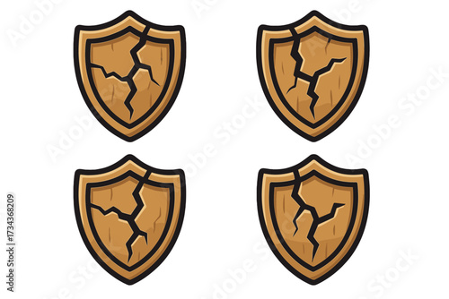 Broken wooden shield icon set. Cracked medieval security symbol for game UI. Damaged battle defence emblem. Cartoon vector illustration for fantasy games, web design, apps.
