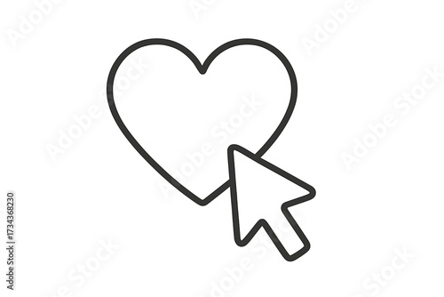 Cursor clicking heart icon. Like button for social media. Add to favorites, love symbol. Web design element. Pointer arrow press. UI UX interface. Online dating, charity concept.