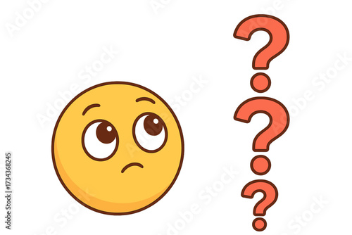 Thinking emoji looking at question mark stack. Vector illustration for curiosity, learning, doubt, problem solving. FAQ support concept. Confused face, questioning idea, seeking answer.