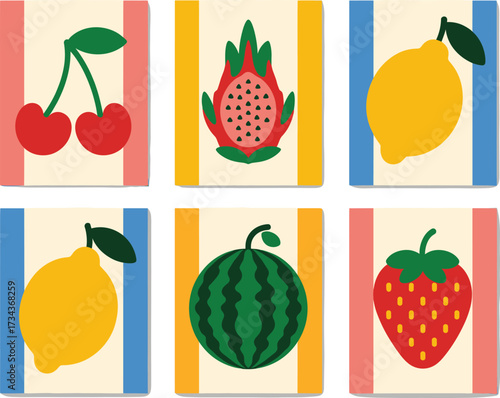 Set of six minimalist colorful fruit posters featuring cherries lemon dragon fruit and strawberry