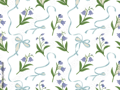 Seamless pattern of delicate bluebell flowers and botanical elements on