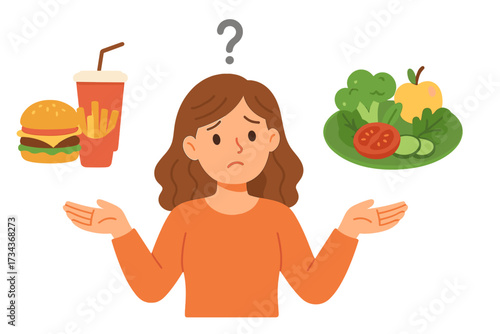 Woman choosing between healthy and unhealthy food. Fast food versus fresh salad. Diet decision and nutrition choice. Concept of health, weight loss, and lifestyle dilemma.