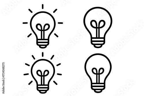 Light bulb icon set. Idea symbol collection. Creativity, innovation, solution sign. Think, brainstorm concept. Electric lamp pictogram. Outline vector illustration.