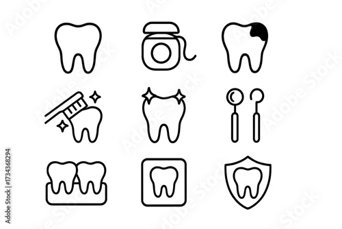 Dentistry line icon set. Dental care outline symbols for web and graphic design. Teeth, floss, caries, brush, cleaning, protection, dentist instrument. Oral hygiene vector signs.
