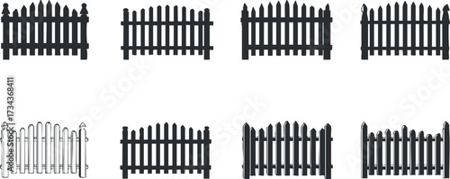 A collection of various styles of black and white wooden fences for garden and outdoor design..