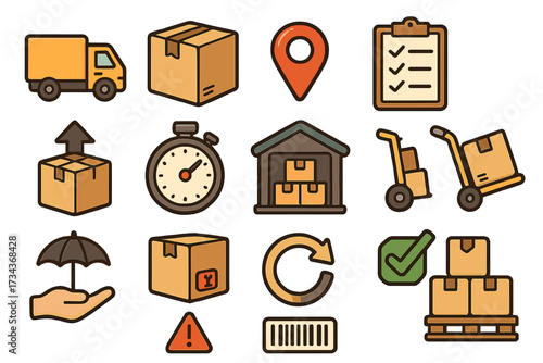 Essential logistics and delivery service icons. Vector pictogram set for shipping, cargo, and warehouse inventory. Includes package tracking, transport truck, and return symbols.