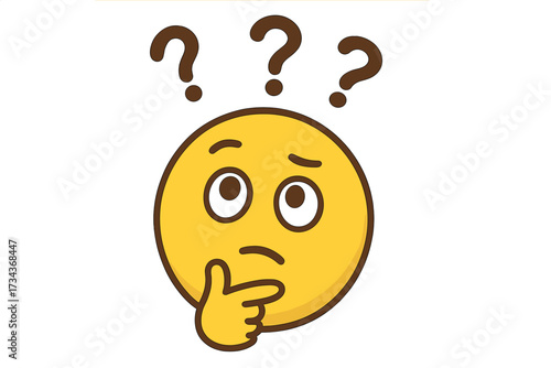 Thinking face emoji with question marks. Pondering emoticon, confused character icon. Concept of problem solving, question, doubt, curiosity, dilemma, and analysis. Vector for faq.