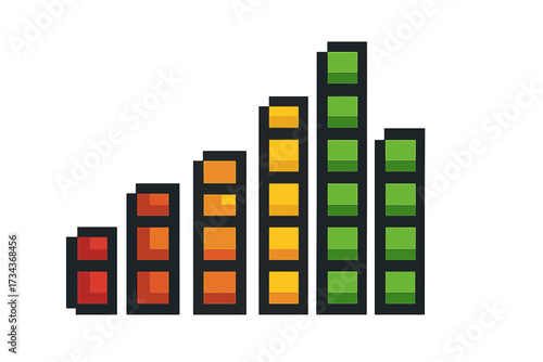 Pixel art equalizer icon set. 8-bit sound wave symbol for a retro video game. Audio music spectrum analyzer. Digital signal level meter. Volume frequency graphic display.