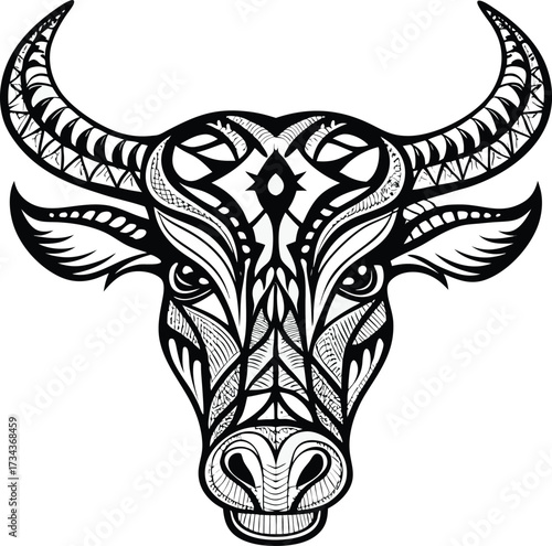 A bold black tribal bull head vector with ornate floral and butterfly wings creates a powerful tattoo design illustration