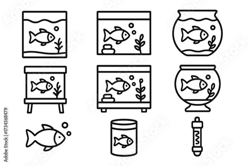Aquarium and fish line icon set. Fishbowl, pet fish, water plant, fish food vector icons. Minimal outline pictogram for web, graphic design, apps, pet shop, aquatic store.