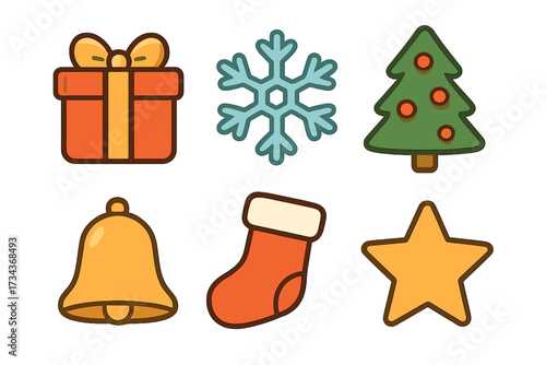 Christmas icon set. Cute cartoon collection of holiday symbols: gift box, snowflake, tree, jingle bell, stocking and star. Simple flat vector design elements for winter.
