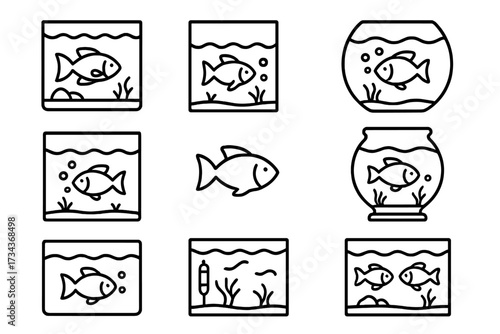 Fish in aquarium line icon set. Pet shop pictogram collection. Fishbowl, water, bubbles and seaweed symbols. Aquatic animal linear vector illustration for web, apps, logo.