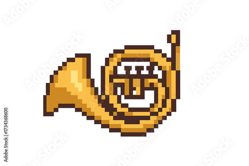 French horn pixel art icon. 8-bit retro gaming style musical instrument. Vector illustration asset for video game. Brass wind classic symphony orchestra instrument symbol.