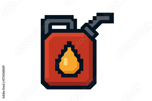 Pixel art gasoline can icon. Retro 8-bit gaming fuel symbol. Red petrol jerrycan for emergency refueling. Energy and power resource concept. Isolated cartoon vector illustration.