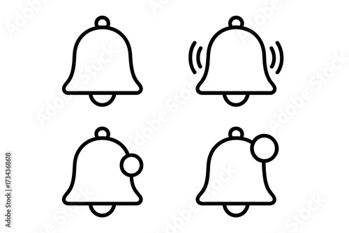 Notification bell icon set in a simple line art style. Vector symbols for alerts, reminders, and new messages. Ringing and silent states for UI and UX design. Editable stroke.