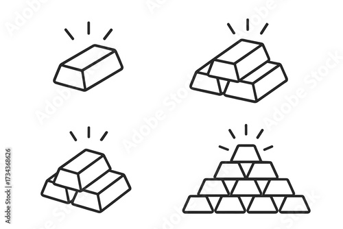 Gold bars outline icon collection. Vector set of shiny gold ingots, bullion stacks, and treasure pyramid. Finance, wealth, and investment concept. Editable stroke line art.
