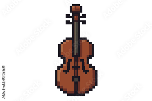 Cello pixel art vector icon. String instrument for classical music. 8-bit retro gaming style graphic. Viola, double bass symbol. Orchestra concert or music school logo design element.