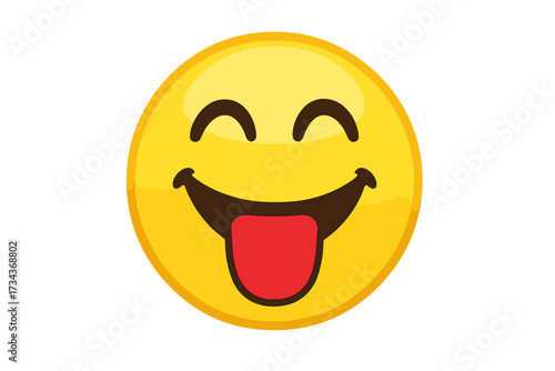 Happy emoticon sticking out tongue. Vector emoji smiley with closed eyes. Cheerful funny face expression. Silly playful character icon. Cute cartoon symbol for joy and fun.