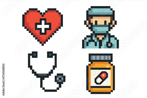Healthcare medical icon set in pixel art style. 8 bit retro video game graphics. Doctor, heart with cross, stethoscope, pills bottle. Medicine and pharmacy vector illustration.