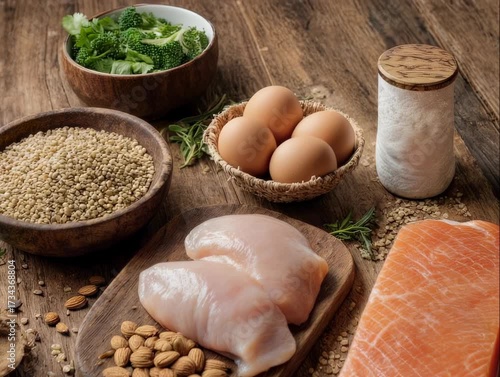A rustic still life of healthy food items, including meats, grains, and vegetables