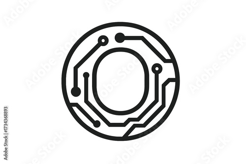 Letter O technology logo icon design. Minimal vector graphic element. Digital interface, hardware, engineering concepts. Monogram made of circuits, processor, microchip.