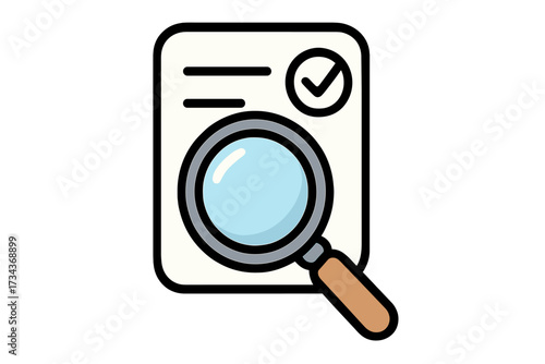 Audit icon with magnifying glass over document. Concept for business inspection, data analysis, quality control, verification, compliance report, research, and approval symbol.