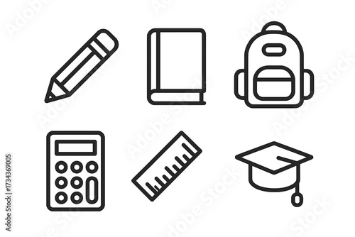 Education line icon set. Back to school supplies collection. Vector symbols for learning, study, knowledge. Includes pencil, book, backpack, calculator, ruler, graduation cap.