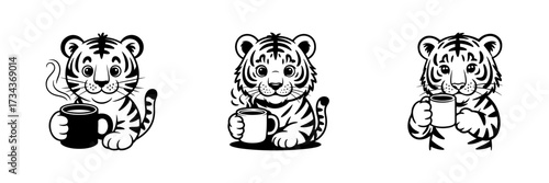 A cute cartoon tiger cub character holding a coffee or tea mug. Adorable animal mascot for a cafe, beverage brand, or children's design.