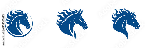 Dynamic blue horse head logos with a flowing mane. Conveys speed, freedom, and power. Suitable for equestrian, automotive, or financial brands.