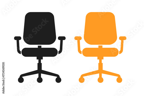 Office chair vector icon set. Black and orange ergonomic desk chairs. Swivel armchair furniture for business workplace. Modern flat design element for corporate interior design.