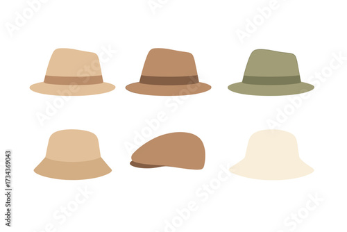 Collection of stylish hats and caps including fedora, bucket hat, and flat cap designs in neutral colors