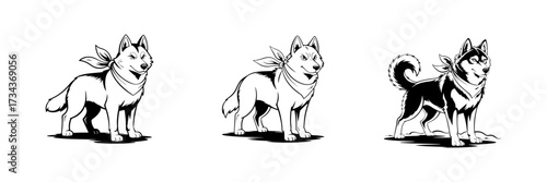 A set of husky or wolf dog illustrations in a standing pose. Represents loyalty, endurance, and the wild. For pet services or outdoor brands.