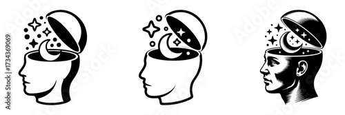 A conceptual illustration of a human head opening to reveal a universe of stars and moon. Represents creativity, imagination, and open-mindedness.