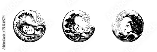 A yin yang symbol formed by a great ocean wave with a face inside. Represents balance, nature, harmony, and the power of the sea.