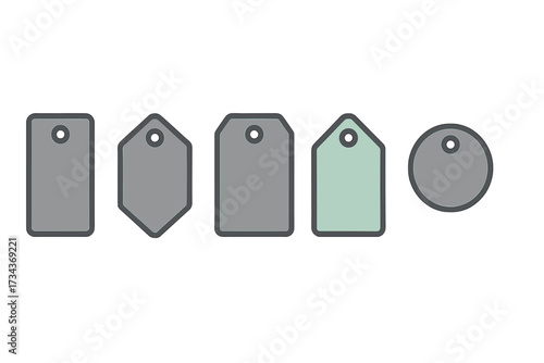 Assortment of diverse blank price tags and labels in various shapes with holes for attachment and customization, ideal for retail and e-commerce design