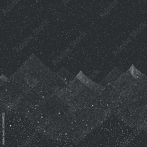 Abstract black and white mountainous landscape created with a dotted pattern on a dark background..