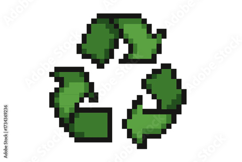 Recycle icon pixel art. 8-bit ecology symbol. Green recycling logo. Environment conservation concept. Sustainability graphic. Vector for retro game. Waste reduction graphic.