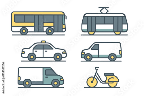 Collection of diverse urban transportation vehicles including bus, tram, taxi, vans, and scooter for city travel