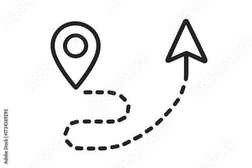 Route icon with location pin and destination arrow. GPS navigation symbol showing a path from start to finish. Vector line art for maps, travel, and wayfinding concepts.