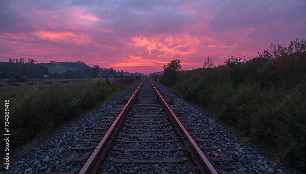Fototapeta premium Vibrant Sunset Over Endless Railway Tracks Stretching Far Away