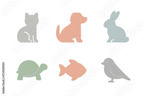 Set of stylized animal silhouettes in soft pastel colors including domestic pets and wild creatures for various design projects and themes
