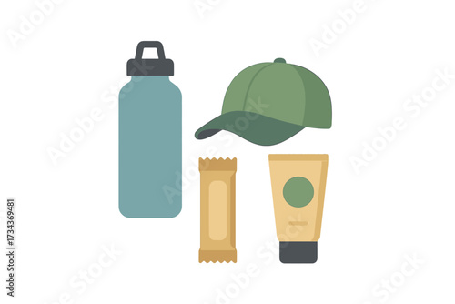 Essential items for outdoor activities including a water bottle, baseball cap, snack bar, and sunscreen